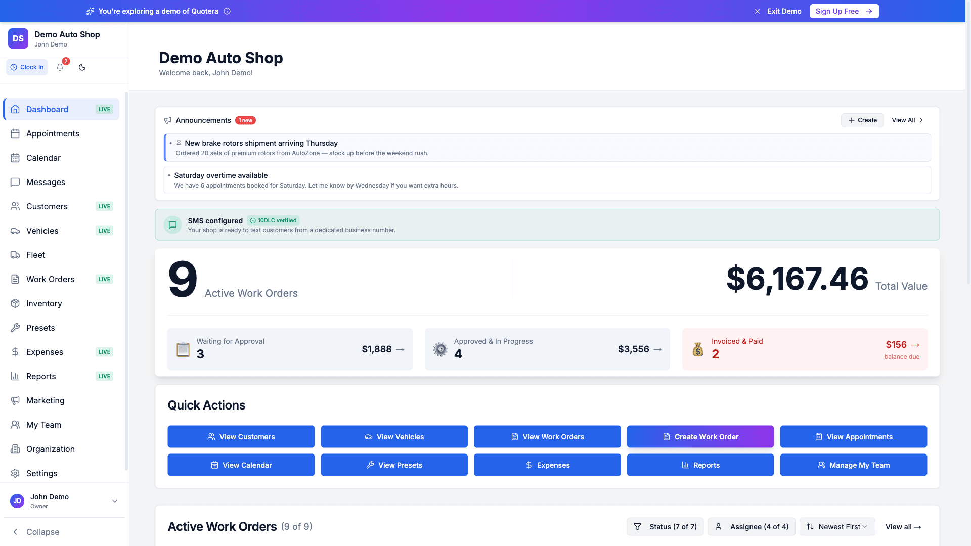 The Quotera dashboard with active work orders, totals, and quick actions