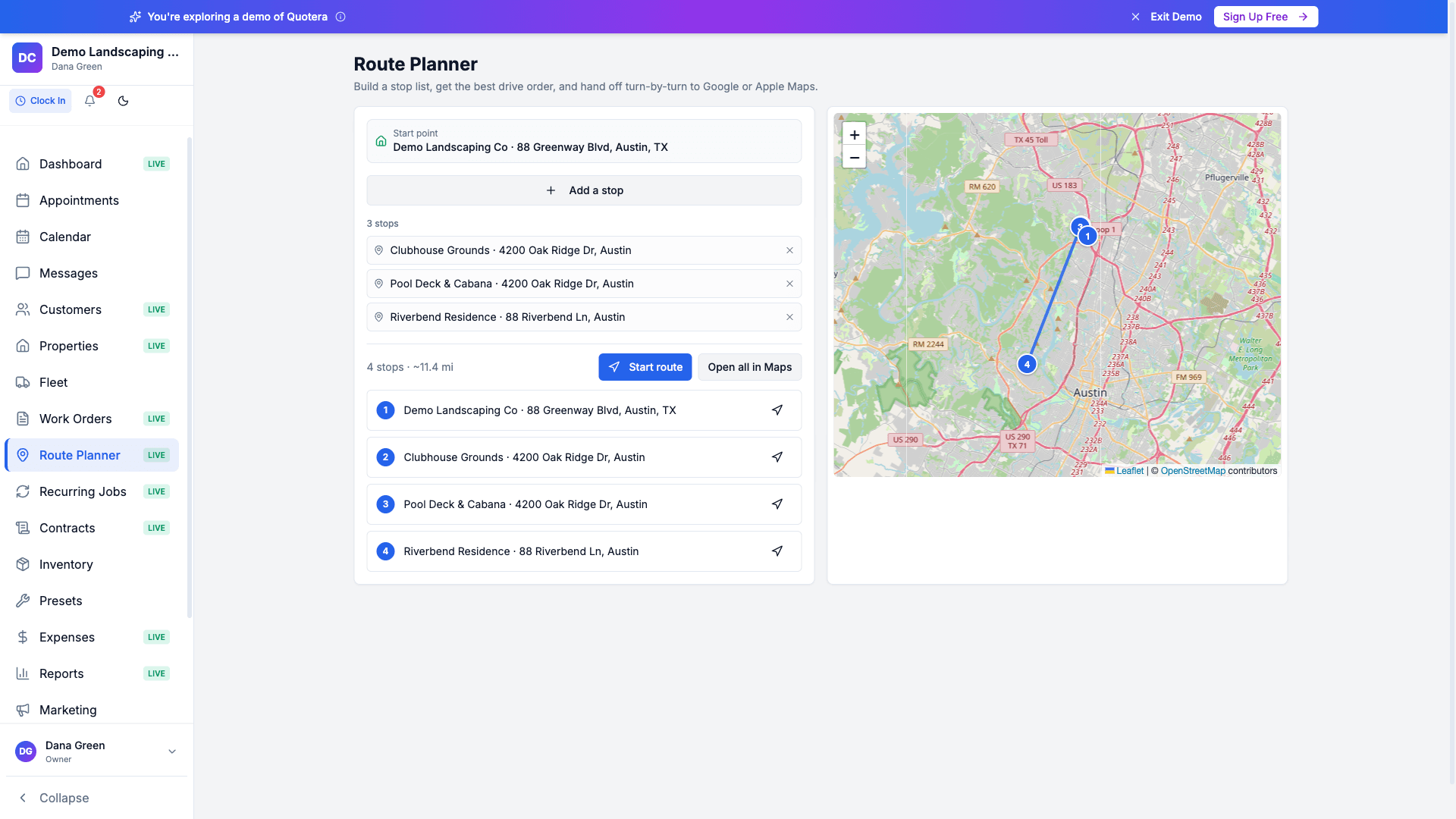 Quotera’s built-in Route Planner mapping an optimized multi-stop crew route