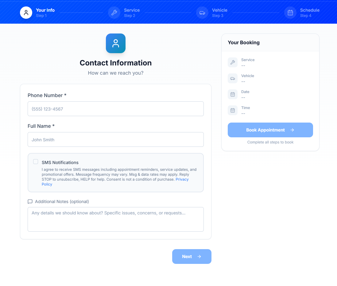Booking form showing unchecked SMS consent checkbox with full disclosure text