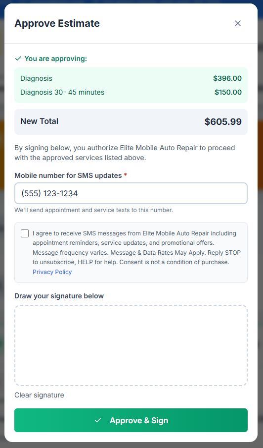 Work order signature modal showing SMS consent language